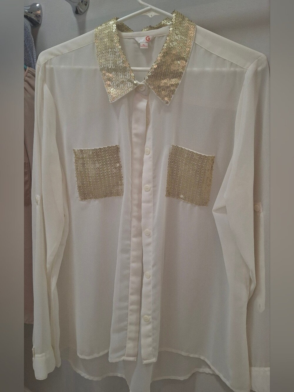 G by Guess White Button-Down Shirt with Gold Sequin Collar & Pockets